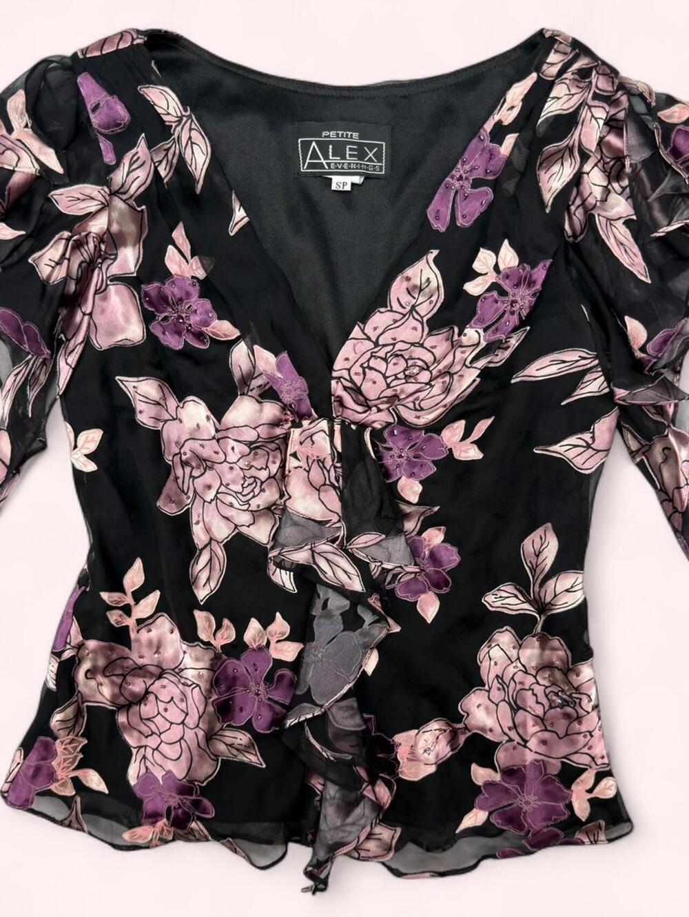 Black & purple floral ruffle beaded silk blouse with flutter sleeves